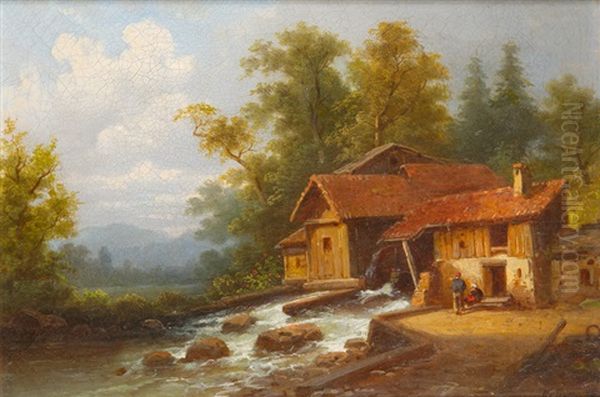 Wassermuhle Am Fluslauf Oil Painting by Coelestin Bruegner