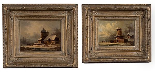 Winter Scenes (2 Works) Oil Painting by Coelestin Bruegner