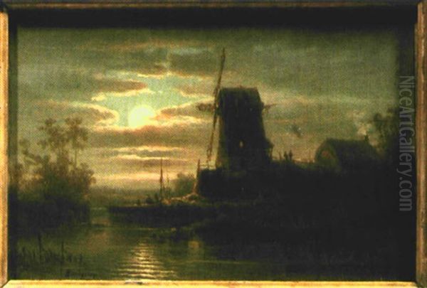 Abendlandschaft Mit Windmuhle Oil Painting by Coelestin Bruegner