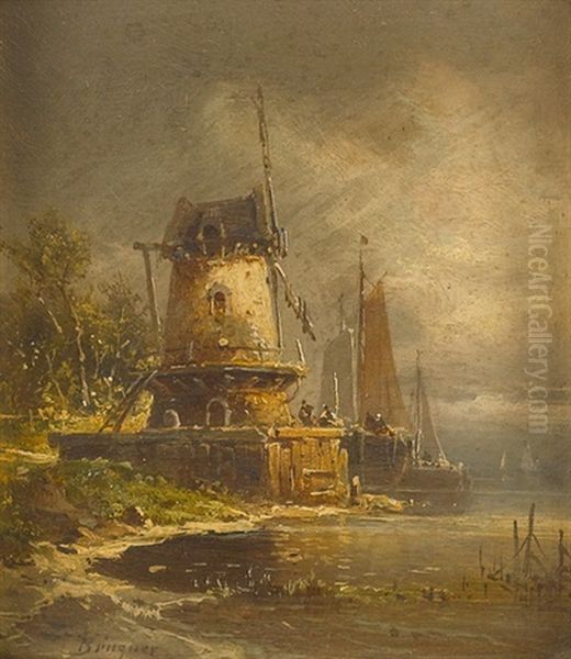 Flussufer Mit Einer Windmuhle Oil Painting by Coelestin Bruegner