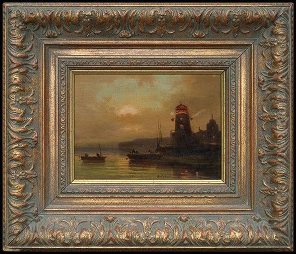 Night In Harbour Oil Painting by Coelestin Bruegner