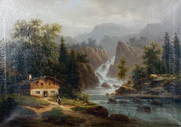 View Of An Alpine Chalet, A Waterfall Beyond Oil Painting by Coelestin Bruegner