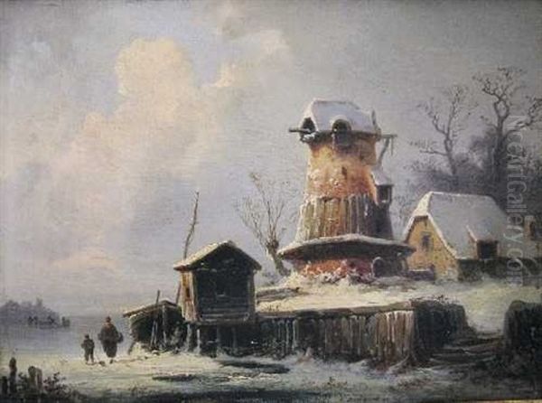 Winterlandschaft Mit Windmuhle Und Figuren Auf Einem Zugefrorenen See Oil Painting by Coelestin Bruegner