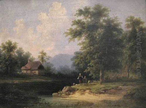 Sommerlandschaft Mit Angler Am Fluss Oil Painting by Coelestin Bruegner