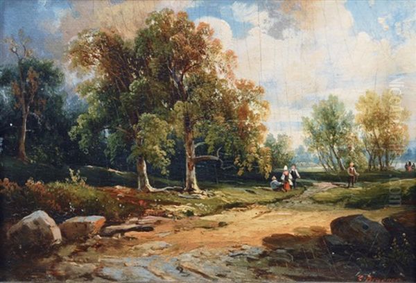 Taking A Walk At The Lakeside Oil Painting by Coelestin Bruegner