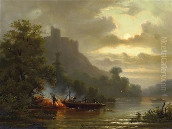 Flusslandschaft Bei Vollmond. Vorn Am Ufer Fischer Bei Einem Lagerfeuer Oil Painting by Coelestin Bruegner