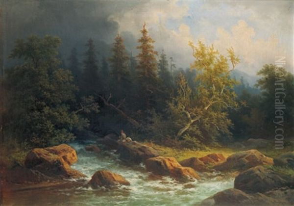 Alpenlandschaft Mit Wildbach Bei Heraufziehendem Wetter Oil Painting by Coelestin Bruegner