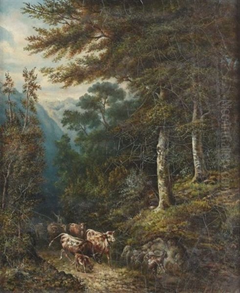 Hirte Mit Viehherde Auf Einem Waldweg Oil Painting by Coelestin Bruegner