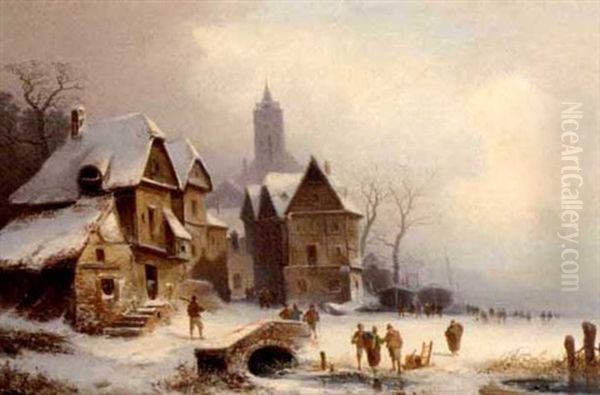 Skaters By A German Hamlet Oil Painting by Coelestin Bruegner