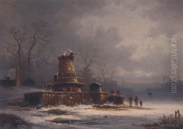 Figures By A Mill On A Frozen Waterway Oil Painting by Coelestin Bruegner