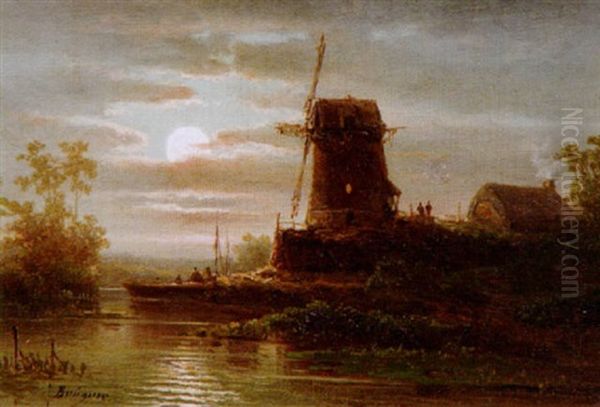 Fluslandschaft Mit Muhle Im Mondschein Oil Painting by Coelestin Bruegner