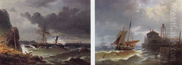 Dampfsegelschiff In Seenot An Felsiger Kuste Oil Painting by Coelestin Bruegner