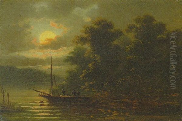 Mondscheinlandschaft Mit Fischern Im Boot Am Seeufer Oil Painting by Coelestin Bruegner