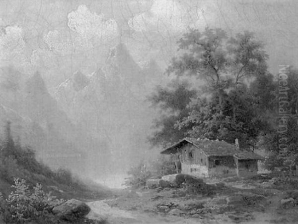 Alpenseelandschaft Mit Sennerhutte Oil Painting by Coelestin Bruegner