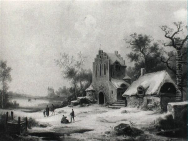 Winterlandschaft Mit Einem Kirchlein Am Seeufer Oil Painting by Coelestin Bruegner