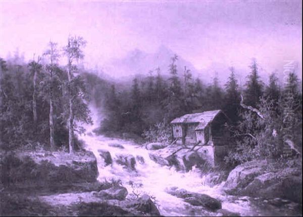 Mill Beside A Mountain Torrent Oil Painting by Coelestin Bruegner