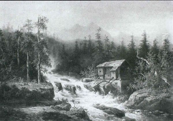 Mill Beside A Mountain Torrent Oil Painting by Coelestin Bruegner