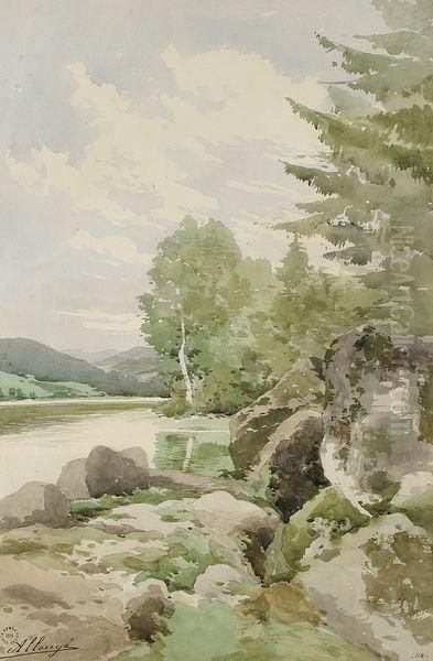 Rochers En Bord De Riviere Oil Painting by Auguste Allonge