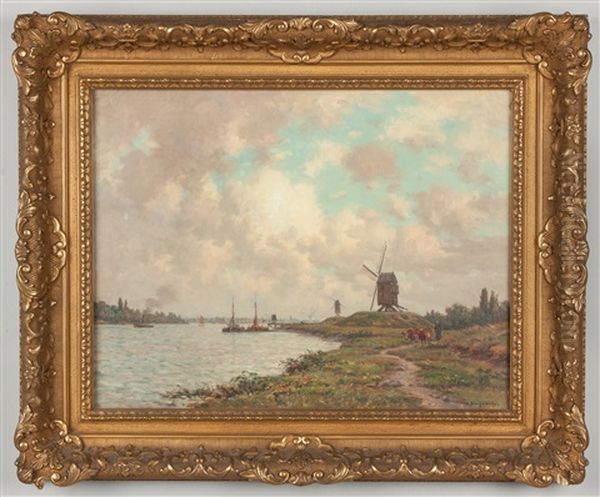 Canal Scene With Windmill Oil Painting by Victor Bruguirolles