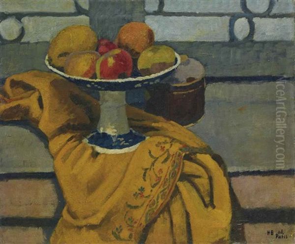 Fruchteschale Auf Gelbem Tuch Oil Painting by Hans Bruhlmann