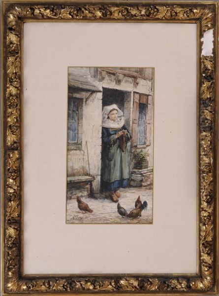 Girl Feeding Chickens Oil Painting by Auguste Allonge