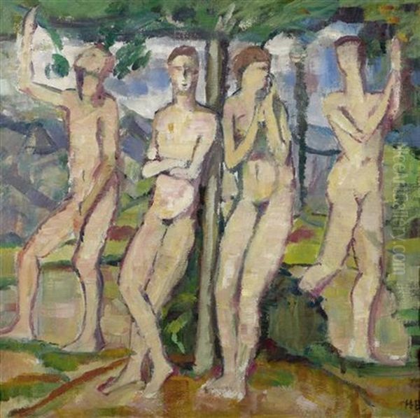 Vier Figuren In Einer Landschaft Oil Painting by Hans Bruhlmann