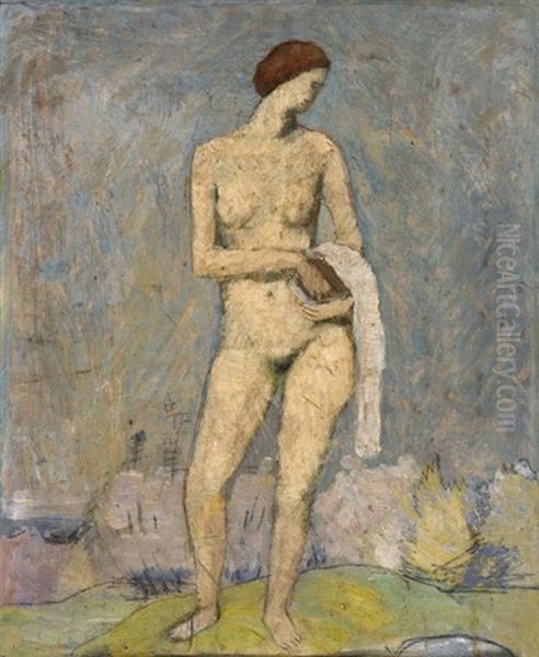 Stehender Frauenakt Mit Tuch (standing Nude With Shawl) Oil Painting by Hans Bruhlmann