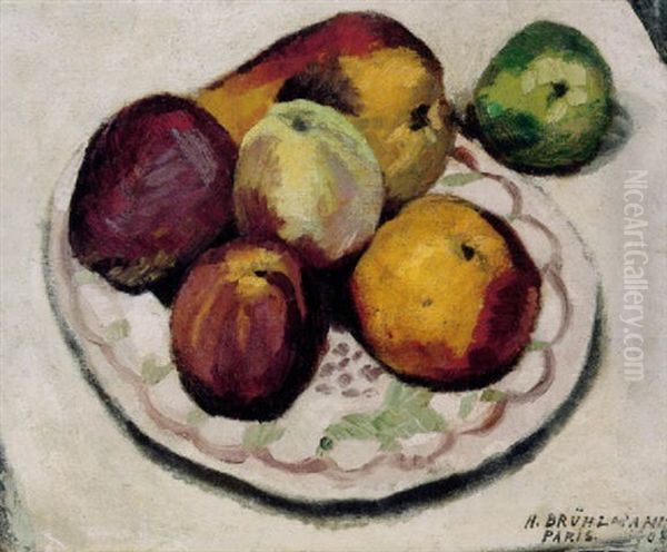 Apfel Und Birnen Auf Bemaltem Teller Oil Painting by Hans Bruhlmann