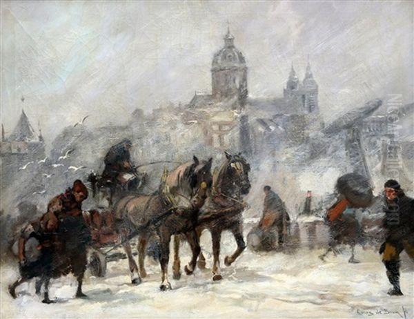 Besneeuwde Prins Hendrikkade Te Amsterdam Met De Schreierstoren En De St. Nicolaaskerk Oil Painting by Cornelis De Bruin