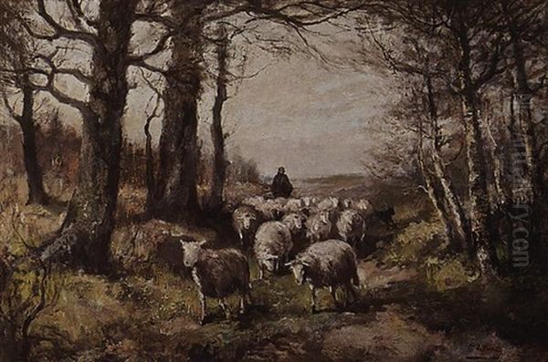 A Shepherd With His Flock, Near Heeswijk Oil Painting by Cornelis De Bruin