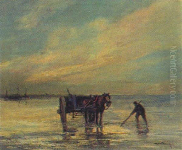 Krabbenfischer In Zandvoort Bei Sonnenuntergang Oil Painting by Cornelis De Bruin