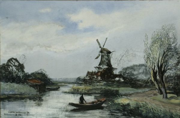 Polder Landscape With Windmill Oil Painting by Franciscus de Bruin