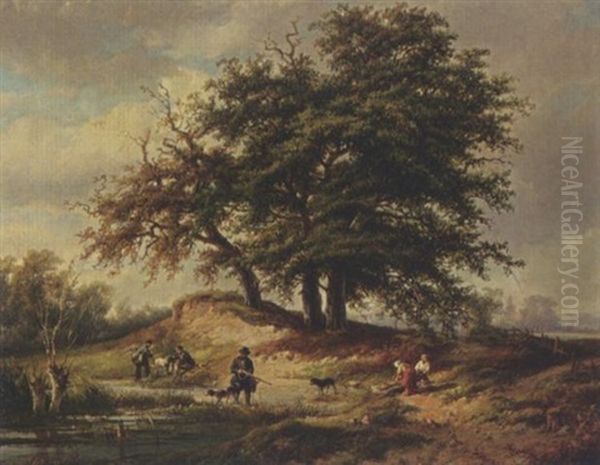 Hunstmen In A Wooded Landscape Oil Painting by Adrianus Henrikus De Bruine