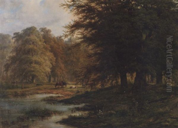 Figures On A Track In A Wooded Landscape Oil Painting by Adrianus Henrikus De Bruine