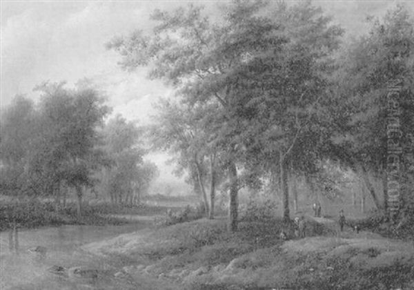 Waldlandschaft Mit Bach Und Passanten Am Wege Oil Painting by Adrianus Henrikus De Bruine