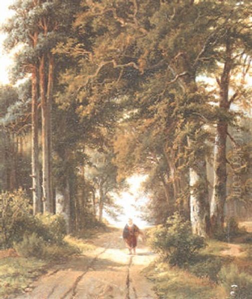 Faggot Gatherer On A Forest Path Oil Painting by Adrianus Henrikus De Bruine