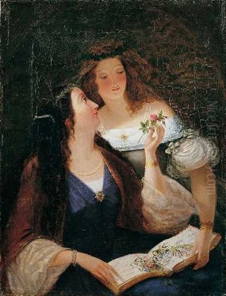 Zwei Junge Frauen, Eine Rose Betrachtend Oil Painting by Karl Pawlowitsch Brueloff