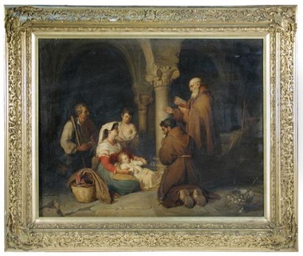 A Neapolitan Peasant Family Being Blessed By Two Franciscan Monks Oil Painting by Ludwig Bruls