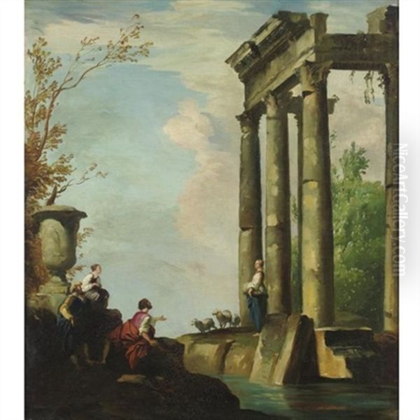 Capriccio With Three Figures Oil Painting by Constantino Brumidi