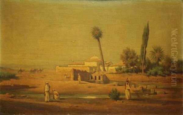 Orientalist Landscape With Figures, Camels And Mosque Oil Painting by Charles Guillaume Brun