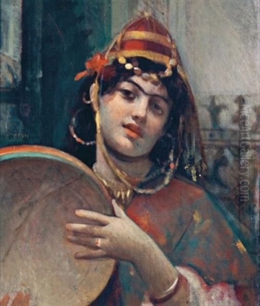 Jeune Orientale Au Tambourin Oil Painting by Charles Guillaume Brun