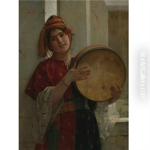 The Tambourine Player Oil Painting by Charles Guillaume Brun