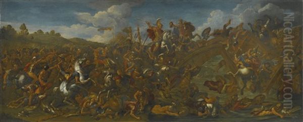 The Battle Of Milvian Bridge; Alexander And Porus Oil Painting by Charles Le Brun