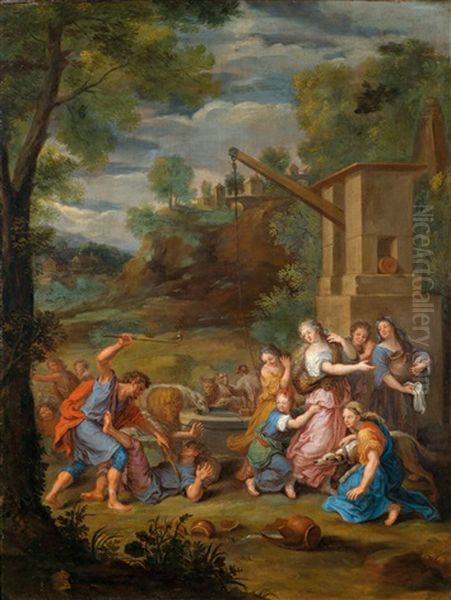 Moses Vertreibt Die Hirten Vom Brunnen Und Trankt Die Schafe Der Tochter Jethros (ii Mos. 2, 17) Oil Painting by Charles Le Brun