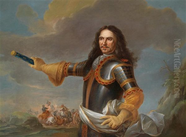 Bildnis Des Henri De La Tour D'auvergne, Vicomte De Turenne, Marschall Von Frankreich (1611-1675) Vor Dem Hintergrund Eines Reitergefechts Oil Painting by Charles Le Brun