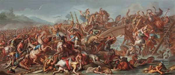 Szene Aus Der Schlacht An Der Milvischen Brucke Oil Painting by Charles Le Brun