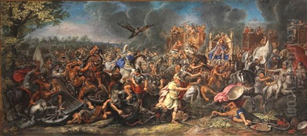 The Battle Of Arbela (gaugamela) And Alexander And Porus, At The Battle Of Hydaspes (pair) Oil Painting by Charles Le Brun