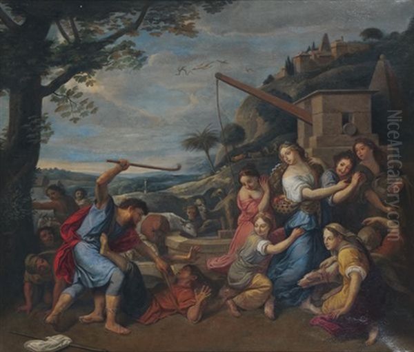 Moise Defend Les Filles De Jethro Oil Painting by Charles Le Brun