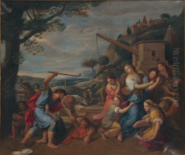 Moise Defend Les Filles De Jethro Oil Painting by Charles Le Brun