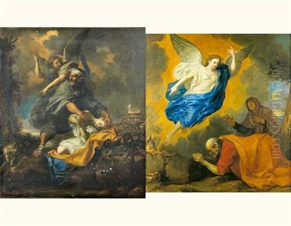 Le Sacrifice D'abraham (+ Un Ange Annonce A Manue Que Sa Femme Donnera Naissance A Samson; 2 Works) Oil Painting by Charles Le Brun